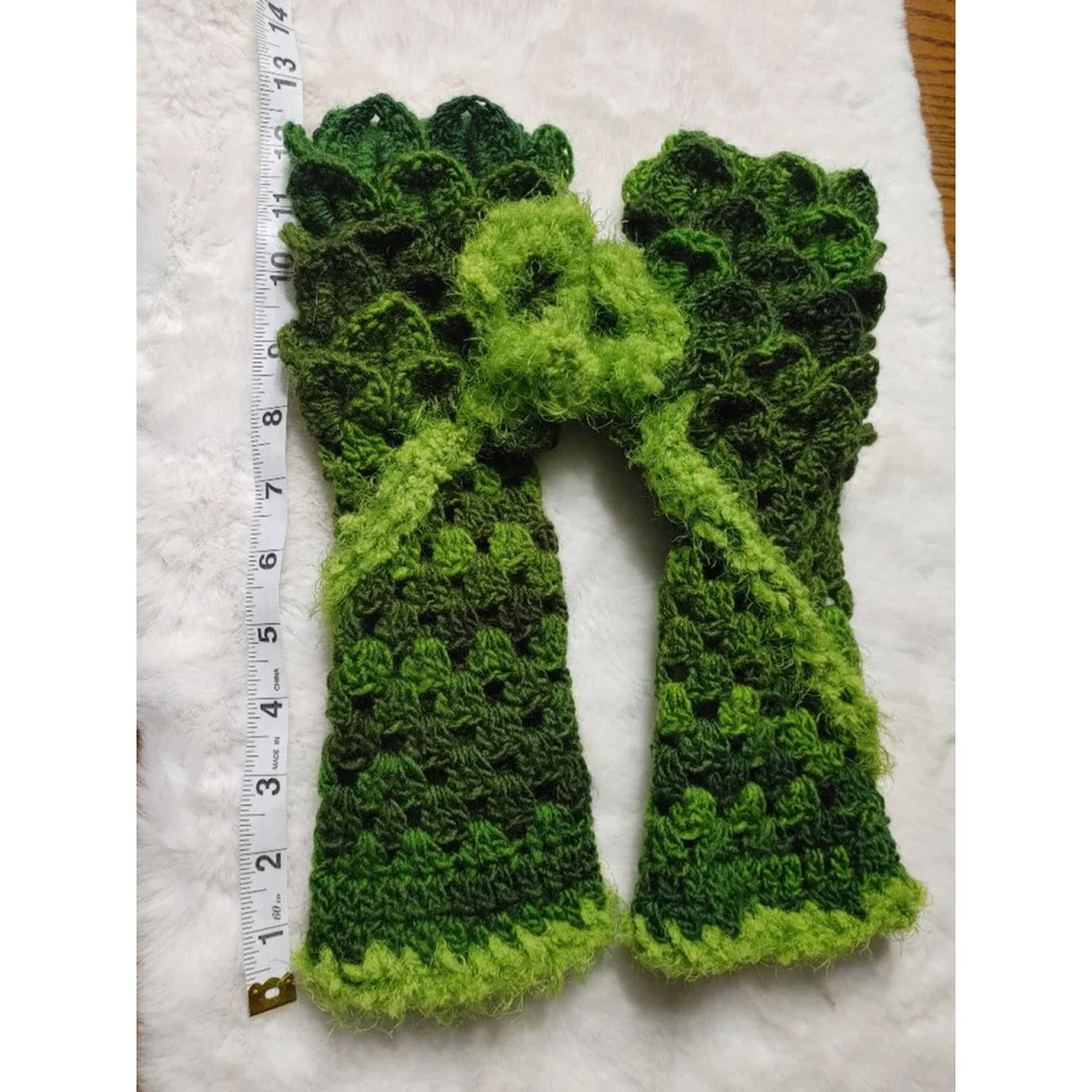 Grinch Handmade Crocheted Drangonscale Green Fuzzy Fingerless Gloves Armwarmer